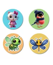 Cat, Bird, Firefly, And Dragonfly. Fridge Magnets Ã¢â‚¬â€œ 4 Piece Set | 3 Inch Round Wall Fridge Decor (F22881)