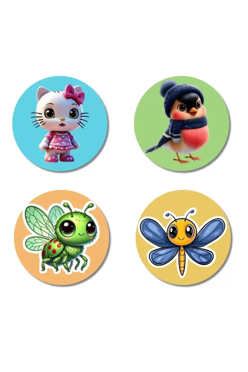 Cat, Bird, Firefly, And Dragonfly. Fridge Magnets Ã¢â‚¬â€œ 4 Piece Set | 3 Inch Round Wall Fridge Decor (F22881)