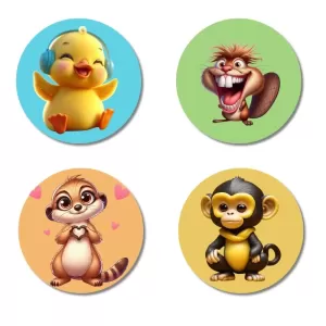 Chick, Squirrel, Meerkat, And Monkey. Fridge Magnets Ã¢â‚¬â€œ 4 Piece Set | 3 Inch Round Wall Fridge Decor (F22882)