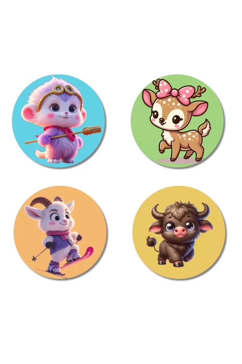 Monkey, Deer, Goat, And Bull. Fridge Magnets Ã¢â‚¬â€œ 4 Piece Set | 3 Inch Round Wall Fridge Decor (F22883)