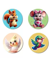 Squirrel, Mouse, Cockatiel, And Hummingbird. Fridge Magnets Ã¢â‚¬â€œ 4 Piece Set | 3 Inch Round Wall Fridge Decor (F22885)