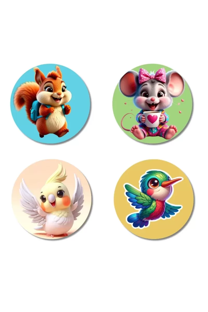 Squirrel, Mouse, Cockatiel, And Hummingbird. Fridge Magnets Ã¢â‚¬â€œ 4 Piece Set | 3 Inch Round Wall Fridge Decor (F22885)