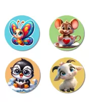 Butterfly, Mouse, Penguin, And Goat. Fridge Magnets Ã¢â‚¬â€œ 4 Piece Set | 3 Inch Round Wall Fridge Decor (F22886)