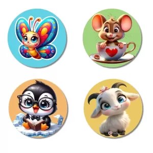 Butterfly, Mouse, Penguin, And Goat. Fridge Magnets Ã¢â‚¬â€œ 4 Piece Set | 3 Inch Round Wall Fridge Decor (F22886)