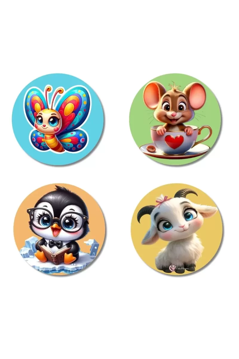 Butterfly, Mouse, Penguin, And Goat. Fridge Magnets Ã¢â‚¬â€œ 4 Piece Set | 3 Inch Round Wall Fridge Decor (F22886)
