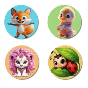 Fox, Duckling, Lion, And Ladybug. Fridge Magnets – 4 Piece Set | 3 Inch Round Wall Fridge Decor (F22887) Fox, Duckling, Lion, And Ladybug. Fridge Magnets – 4 Piece Set | 3 Inch Round Wall Fridge Decor (F22887)
