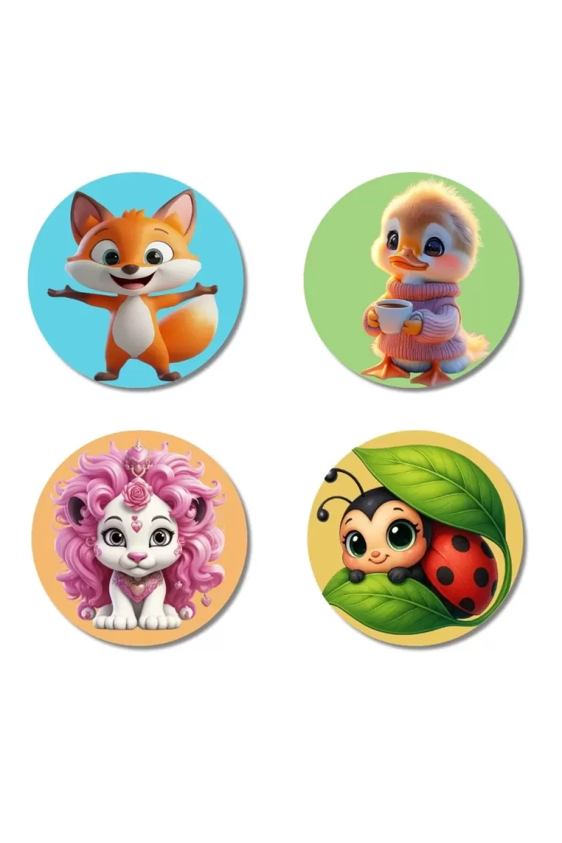 Fox, Duckling, Lion, And Ladybug. Fridge Magnets Ã¢â‚¬â€œ 4 Piece Set | 3 Inch Round Wall Fridge Decor (F22887)