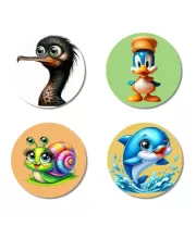 Ostrich, Duck, Snail, And Dolphin. Fridge Magnets Ã¢â‚¬â€œ 4 Piece Set | 3 Inch Round Wall Fridge Decor (F22888)