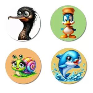 Ostrich, Duck, Snail, And Dolphin. Fridge Magnets – 4 Piece Set | 3 Inch Round Wall Fridge Decor (F22888) Ostrich, Duck, Snail, And Dolphin. Fridge Magnets – 4 Piece Set | 3 Inch Round Wall Fridge Decor (F22888)