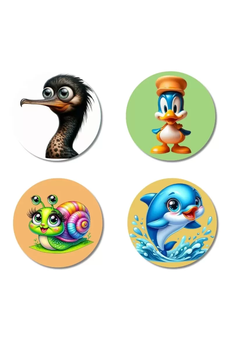 Ostrich, Duck, Snail, And Dolphin. Fridge Magnets Ã¢â‚¬â€œ 4 Piece Set | 3 Inch Round Wall Fridge Decor (F22888)