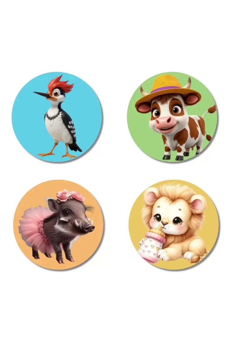 Woodpecker, Cow, Boar, And Lion. Fridge Magnets Ã¢â‚¬â€œ 4 Piece Set | 3 Inch Round Wall Fridge Decor (F22889)