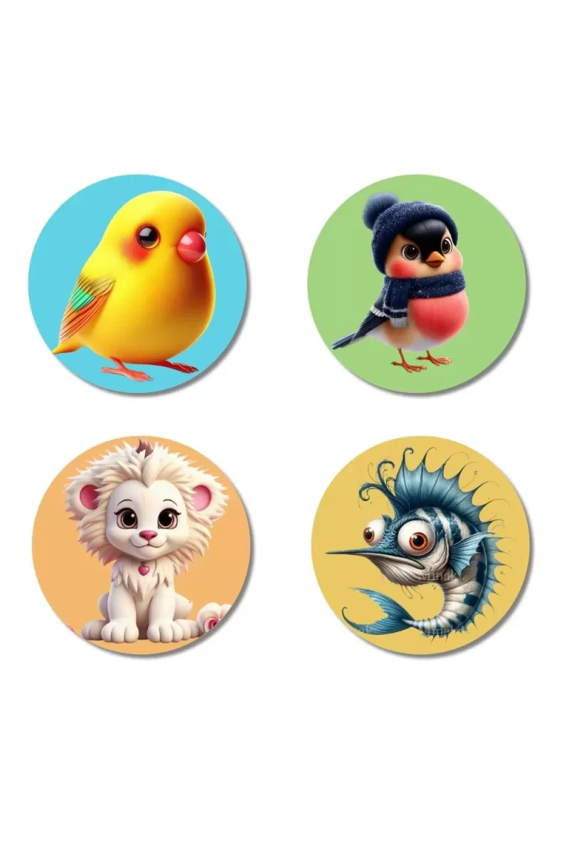 Chick, Bird, Lion, And Swordfish Fridge Magnets Ã¢â‚¬â€œ 4 Piece Set | 3 Inch Round Wall Fridge Decor (F22891)
