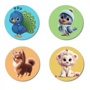 Peacock, Sparrow, Dog, And Lion. Fridge Magnets – 4 Piece Set | 3 Inch Round Wall Fridge Decor (F22893) Peacock, Sparrow, Dog, And Lion. Fridge Magnets – 4 Piece Set | 3 Inch Round Wall Fridge Decor (F22893)