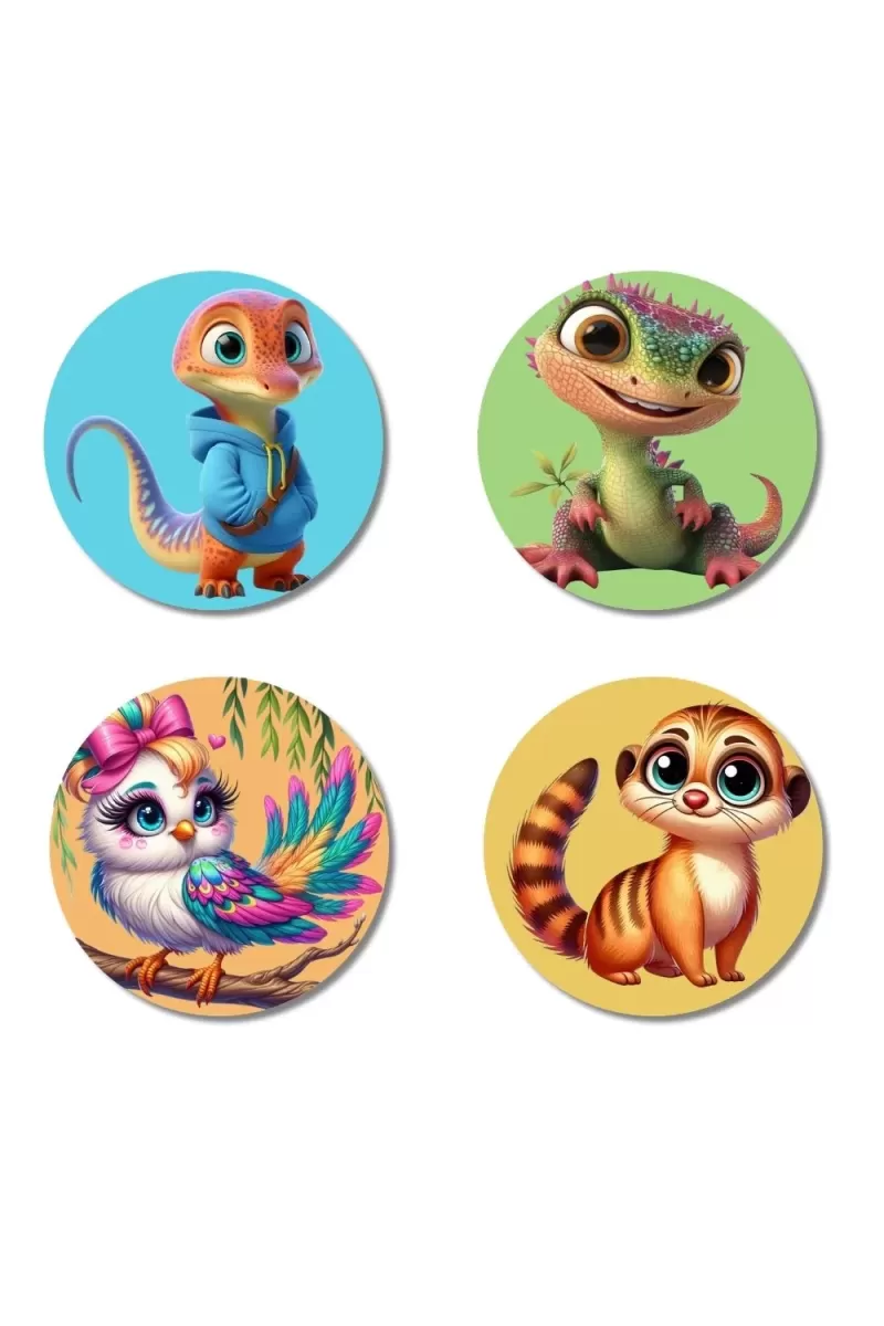 Lizard, Iguana, Bird, And Meerkat Fridge Magnets Ã¢â‚¬â€œ 4 Piece Set | 3 Inch Round Wall Fridge Decor (F22897)