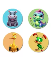 Hippo, Dinosaur, Duck, And Rabbit. Fridge Magnets Ã¢â‚¬â€œ 4 Piece Set | 3 Inch Round Wall Fridge Decor (F22898)