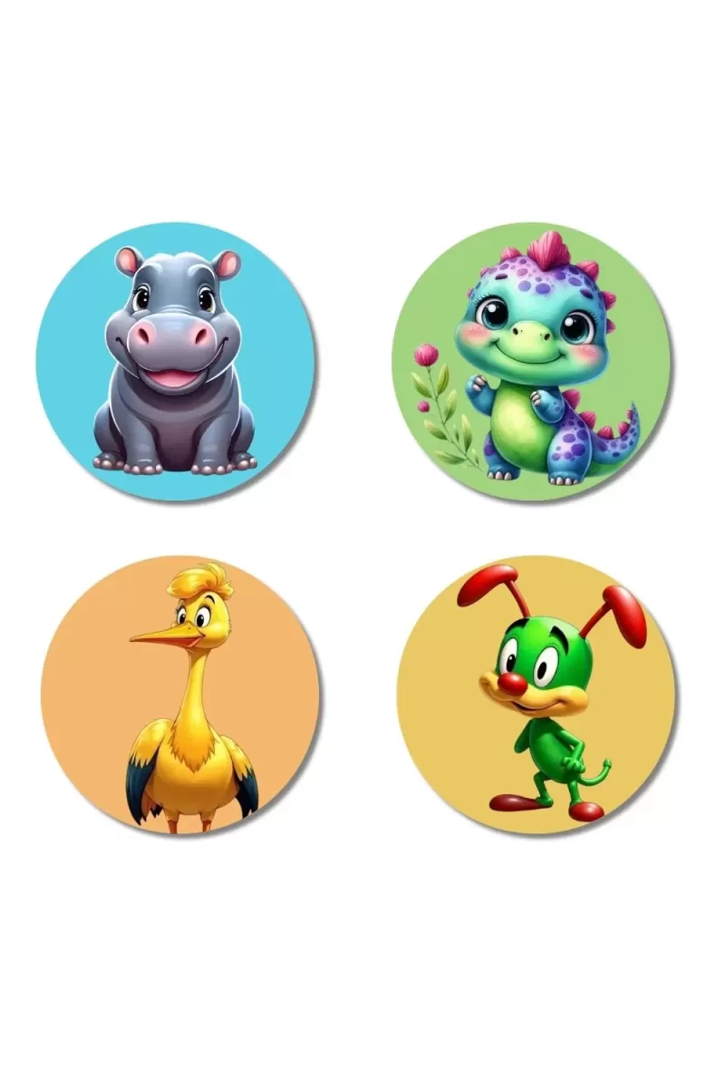 Hippo, Dinosaur, Duck, And Rabbit. Fridge Magnets Ã¢â‚¬â€œ 4 Piece Set | 3 Inch Round Wall Fridge Decor (F22898)