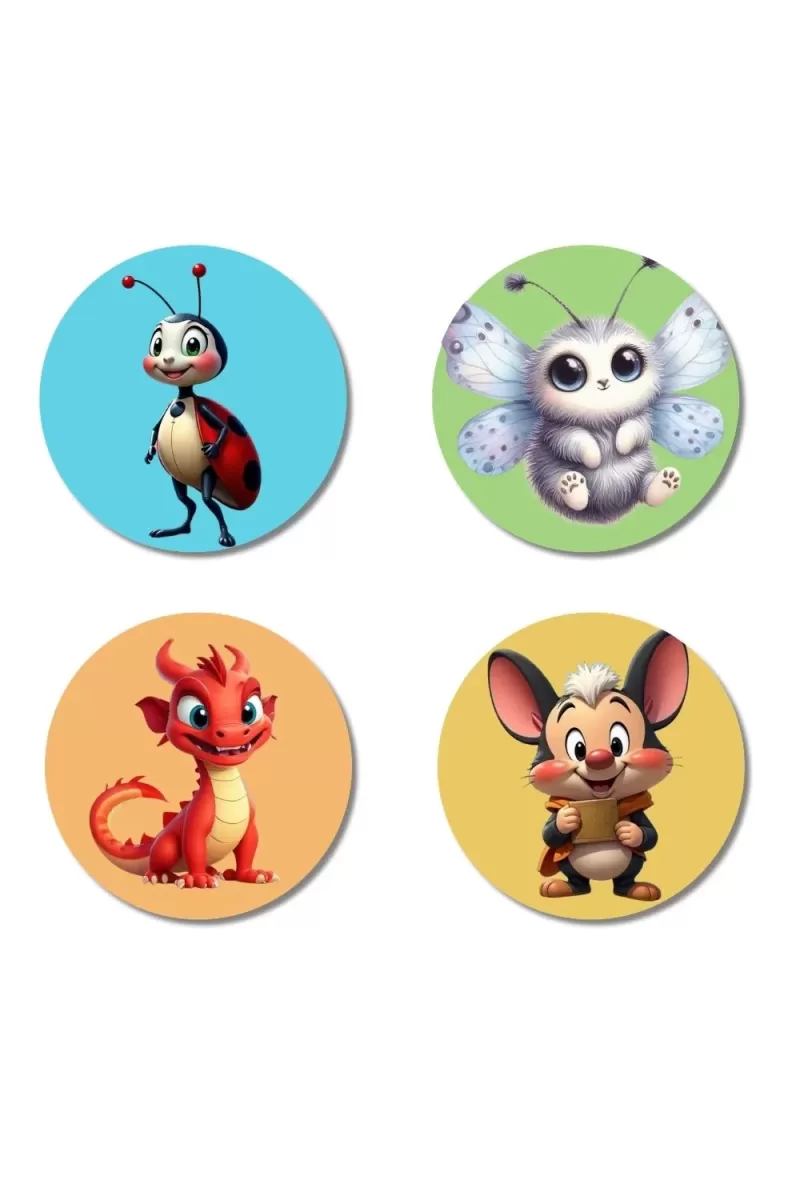 Ladybug, Moth, Dragon, And Mouse. Fridge Magnets Ã¢â‚¬â€œ 4 Piece Set | 3 Inch Round Wall Fridge Decor (F22900)