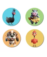 Ostrich, Hippo, Dog, And Chicken. Fridge Magnets Ã¢â‚¬â€œ 4 Piece Set | 3 Inch Round Wall Fridge Decor (F22901)