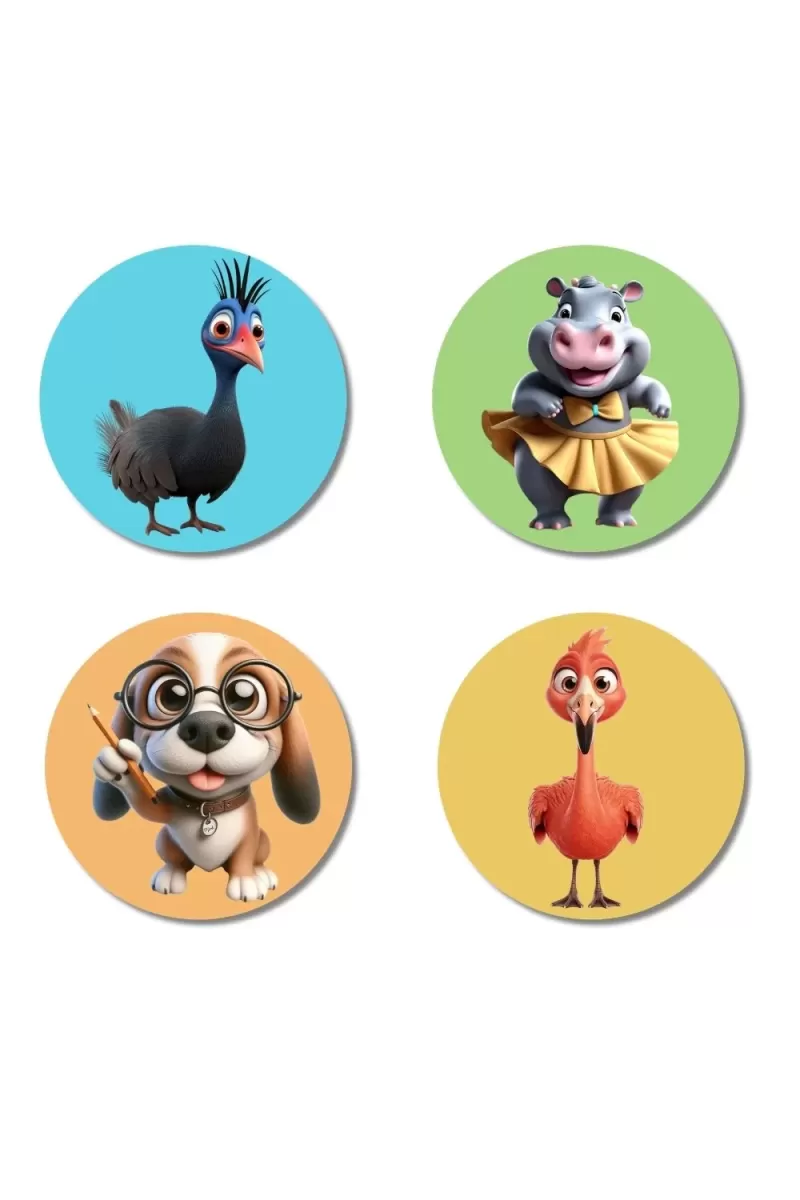 Ostrich, Hippo, Dog, And Chicken. Fridge Magnets Ã¢â‚¬â€œ 4 Piece Set | 3 Inch Round Wall Fridge Decor (F22901)