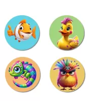 Fish, Duck, Chameleon, And Sparrow. Fridge Magnets Ã¢â‚¬â€œ 4 Piece Set | 3 Inch Round Wall Fridge Decor (F22903)