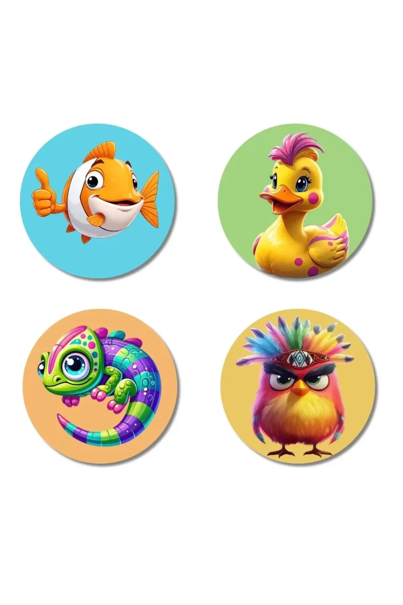 Fish, Duck, Chameleon, And Sparrow. Fridge Magnets Ã¢â‚¬â€œ 4 Piece Set | 3 Inch Round Wall Fridge Decor (F22903)