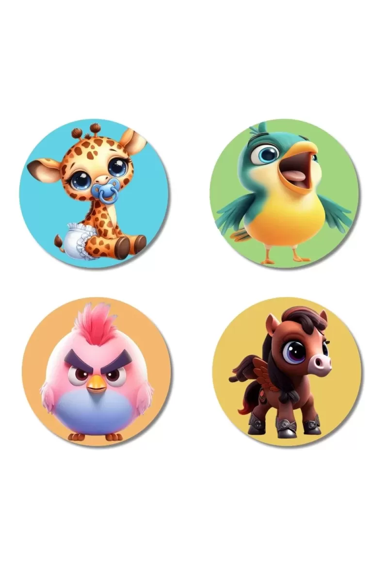 Giraffe, Parrot, Chick, And Horse. Fridge Magnets Ã¢â‚¬â€œ 4 Piece Set | 3 Inch Round Wall Fridge Decor (F22904)