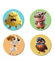 Monster, Hippo, Dog, And Sparrow. Fridge Magnets Ã¢â‚¬â€œ 4 Piece Set | 3 Inch Round Wall Fridge Decor (F22907)