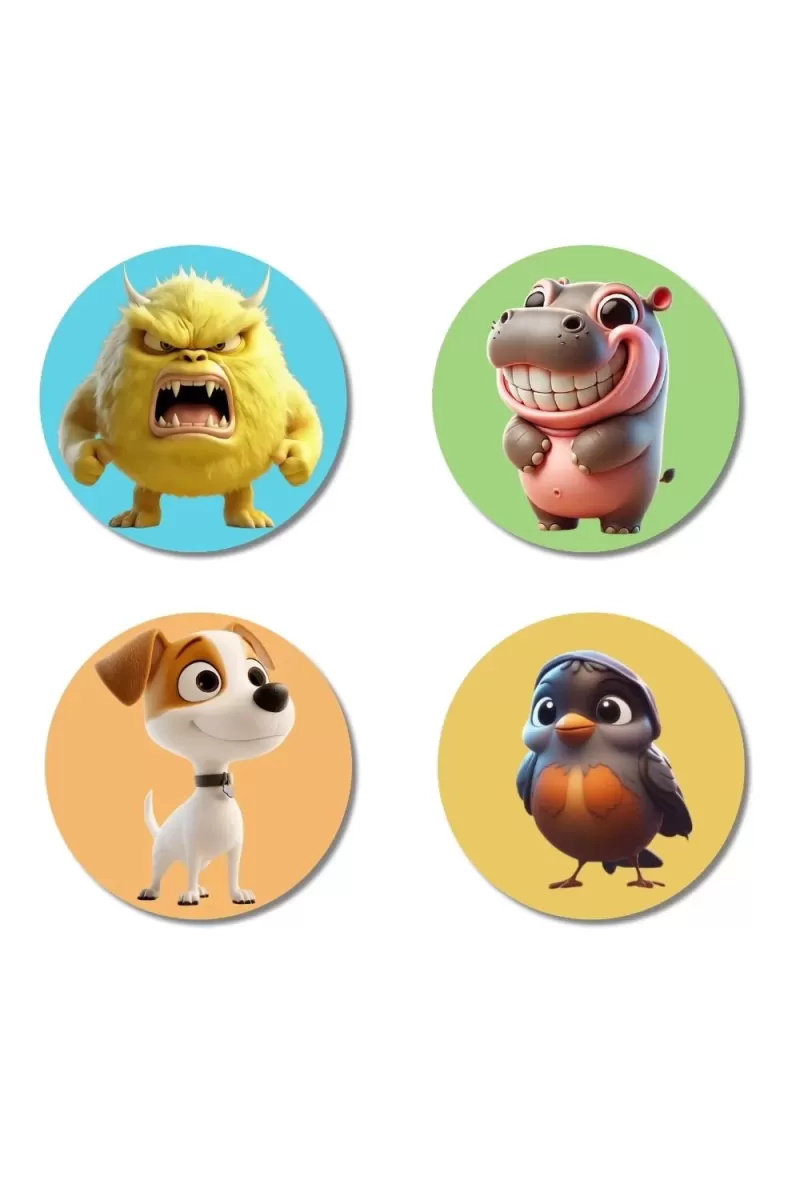 Monster, Hippo, Dog, And Sparrow. Fridge Magnets Ã¢â‚¬â€œ 4 Piece Set | 3 Inch Round Wall Fridge Decor (F22907)