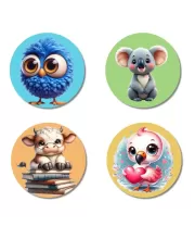 Sparrow, Koala, Cow, And Owl. Fridge Magnets Ã¢â‚¬â€œ 4 Piece Set | 3 Inch Round Wall Fridge Decor (F22909)