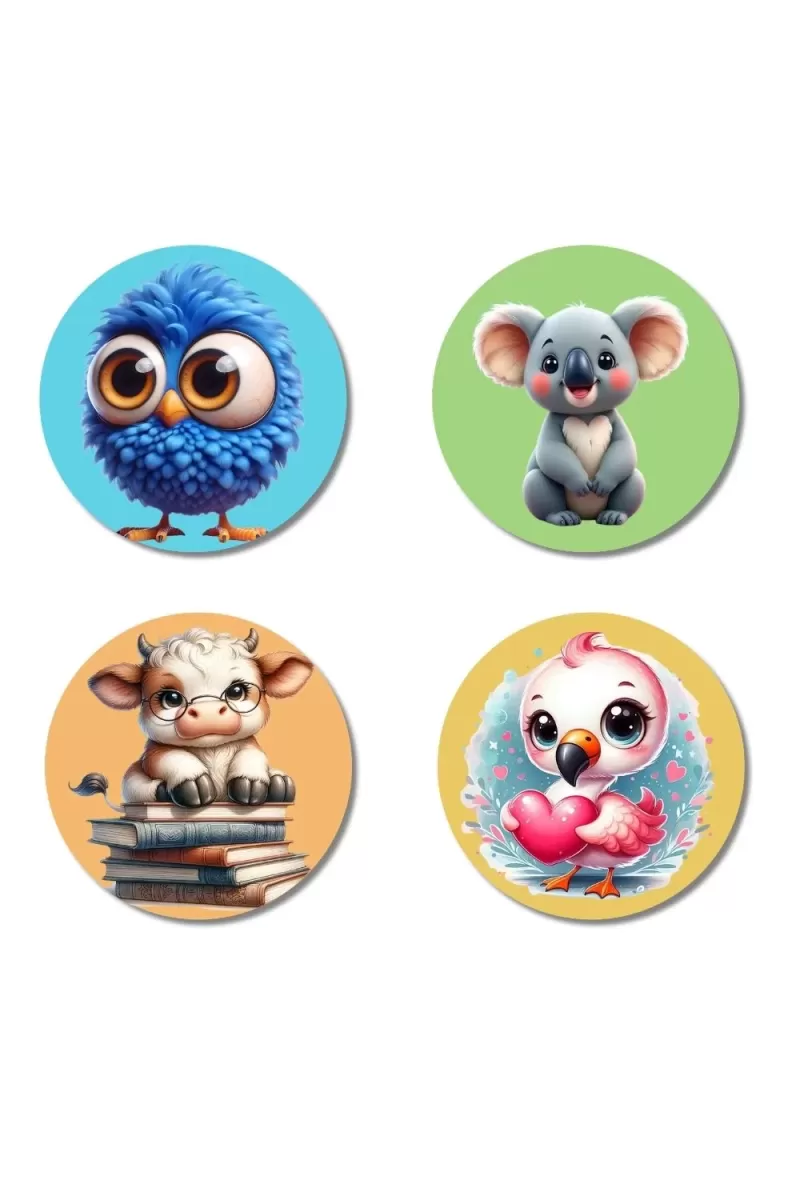 Sparrow, Koala, Cow, And Owl. Fridge Magnets Ã¢â‚¬â€œ 4 Piece Set | 3 Inch Round Wall Fridge Decor (F22909)