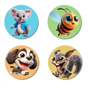 Koala, Bee, Dog, And Squirrel. Fridge Magnets Ã¢â‚¬â€œ 4 Piece Set | 3 Inch Round Wall Fridge Decor (F22910)