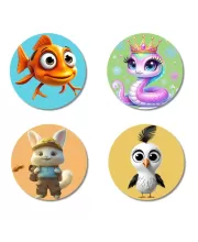 Fish, Snake, Rabbit, And Sparrow. Fridge Magnets Ã¢â‚¬â€œ 4 Piece Set | 3 Inch Round Wall Fridge Decor (F22911)