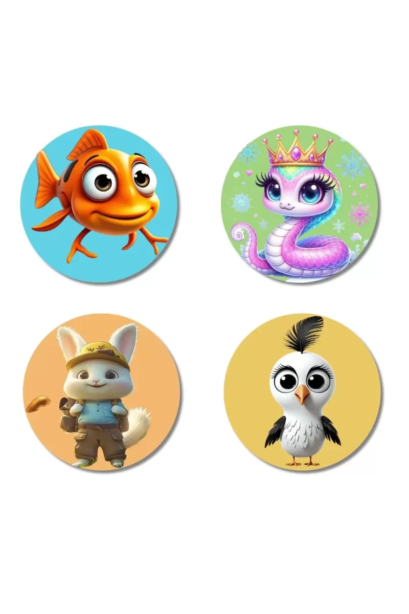 Fish, Snake, Rabbit, And Sparrow. Fridge Magnets Ã¢â‚¬â€œ 4 Piece Set | 3 Inch Round Wall Fridge Decor (F22911)