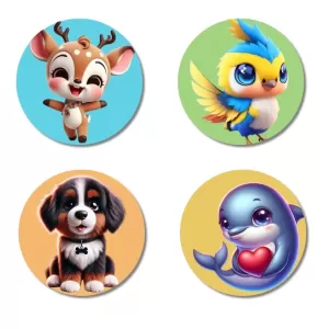 Deer, Sparrow, Dog, And Dolphin. Fridge Magnets – 4 Piece Set | 3 Inch Round Wall Fridge Decor (F22913) Deer, Sparrow, Dog, And Dolphin. Fridge Magnets – 4 Piece Set | 3 Inch Round Wall Fridge Decor (F22913)