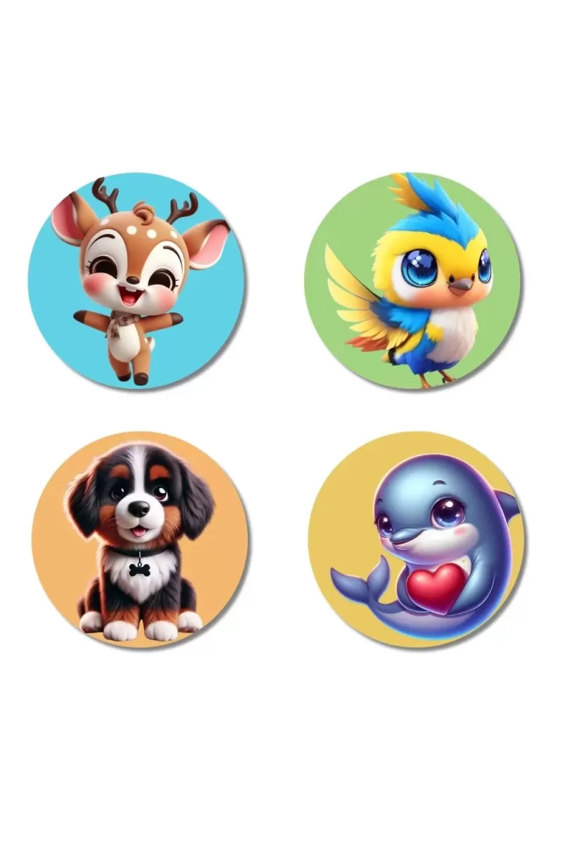 Deer, Sparrow, Dog, And Dolphin. Fridge Magnets Ã¢â‚¬â€œ 4 Piece Set | 3 Inch Round Wall Fridge Decor (F22913)