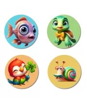 Fish, Turtle, Parrot, And Snail. Fridge Magnets Ã¢â‚¬â€œ 4 Piece Set | 3 Inch Round Wall Fridge Decor (F22914)