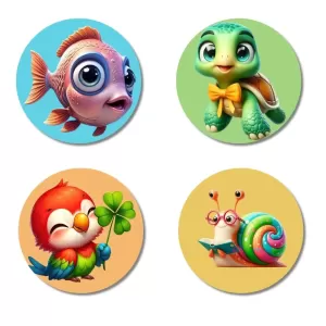 Fish, Turtle, Parrot, And Snail. Fridge Magnets – 4 Piece Set | 3 Inch Round Wall Fridge Decor (F22914) Fish, Turtle, Parrot, And Snail. Fridge Magnets – 4 Piece Set | 3 Inch Round Wall Fridge Decor (F22914)