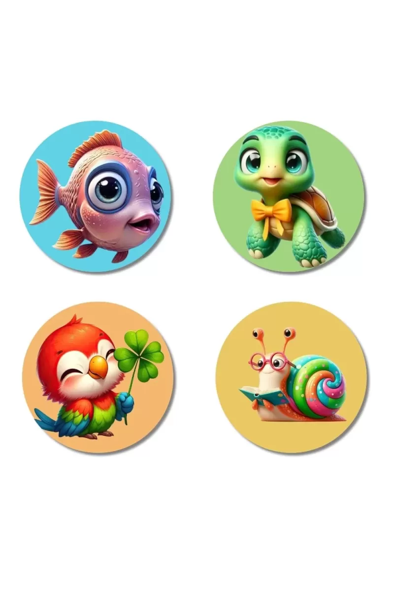 Fish, Turtle, Parrot, And Snail. Fridge Magnets Ã¢â‚¬â€œ 4 Piece Set | 3 Inch Round Wall Fridge Decor (F22914)