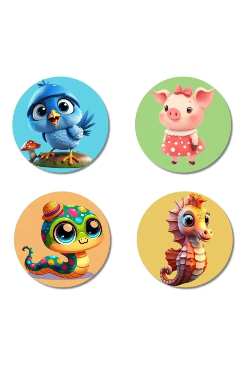 Blue Jay, Pig, Caterpillar, And Seahorse. Fridge Magnets Ã¢â‚¬â€œ 4 Piece Set | 3 Inch Round Wall Fridge Decor (F22915)