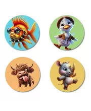Goldfish, Duckling, Yak, And Rhino. Fridge Magnets Ã¢â‚¬â€œ 4 Piece Set | 3 Inch Round Wall Fridge Decor (F22917)