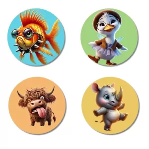 Goldfish, Duckling, Yak, And Rhino. Fridge Magnets – 4 Piece Set | 3 Inch Round Wall Fridge Decor (F22917) Goldfish, Duckling, Yak, And Rhino. Fridge Magnets – 4 Piece Set | 3 Inch Round Wall Fridge Decor (F22917)