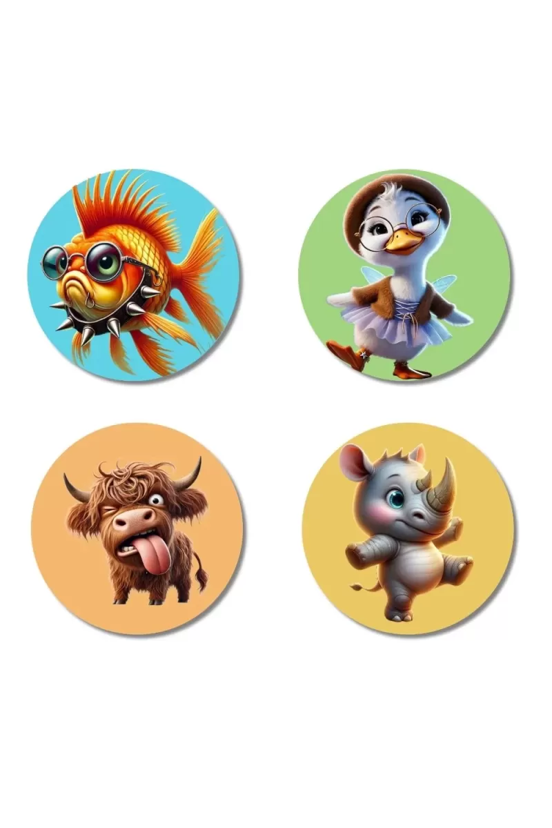 Goldfish, Duckling, Yak, And Rhino. Fridge Magnets Ã¢â‚¬â€œ 4 Piece Set | 3 Inch Round Wall Fridge Decor (F22917)