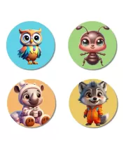 Owl, Ant, Rhino, And Wolf. Fridge Magnets Ã¢â‚¬â€œ 4 Piece Set | 3 Inch Round Wall Fridge Decor (F22918)