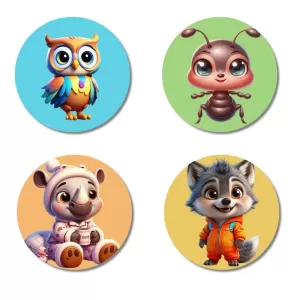 Owl, Ant, Rhino, And Wolf. Fridge Magnets – 4 Piece Set | 3 Inch Round Wall Fridge Decor (F22918) Owl, Ant, Rhino, And Wolf. Fridge Magnets – 4 Piece Set | 3 Inch Round Wall Fridge Decor (F22918)