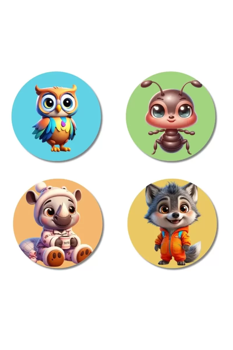 Owl, Ant, Rhino, And Wolf. Fridge Magnets Ã¢â‚¬â€œ 4 Piece Set | 3 Inch Round Wall Fridge Decor (F22918)