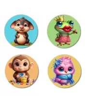 Mouse, Frog, Monkey, And Owl. Fridge Magnets Ã¢â‚¬â€œ 4 Piece Set | 3 Inch Round Wall Fridge Decor (F22919)
