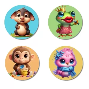 Mouse, Frog, Monkey, And Owl. Fridge Magnets Ã¢â‚¬â€œ 4 Piece Set | 3 Inch Round Wall Fridge Decor (F22919)