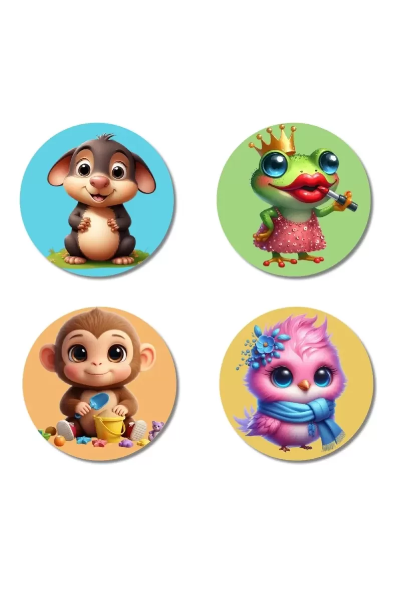 Mouse, Frog, Monkey, And Owl. Fridge Magnets Ã¢â‚¬â€œ 4 Piece Set | 3 Inch Round Wall Fridge Decor (F22919)