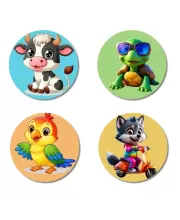 Cow, Turtle, Parrot, And Wolf. Fridge Magnets Ã¢â‚¬â€œ 4 Piece Set | 3 Inch Round Wall Fridge Decor (F22921)