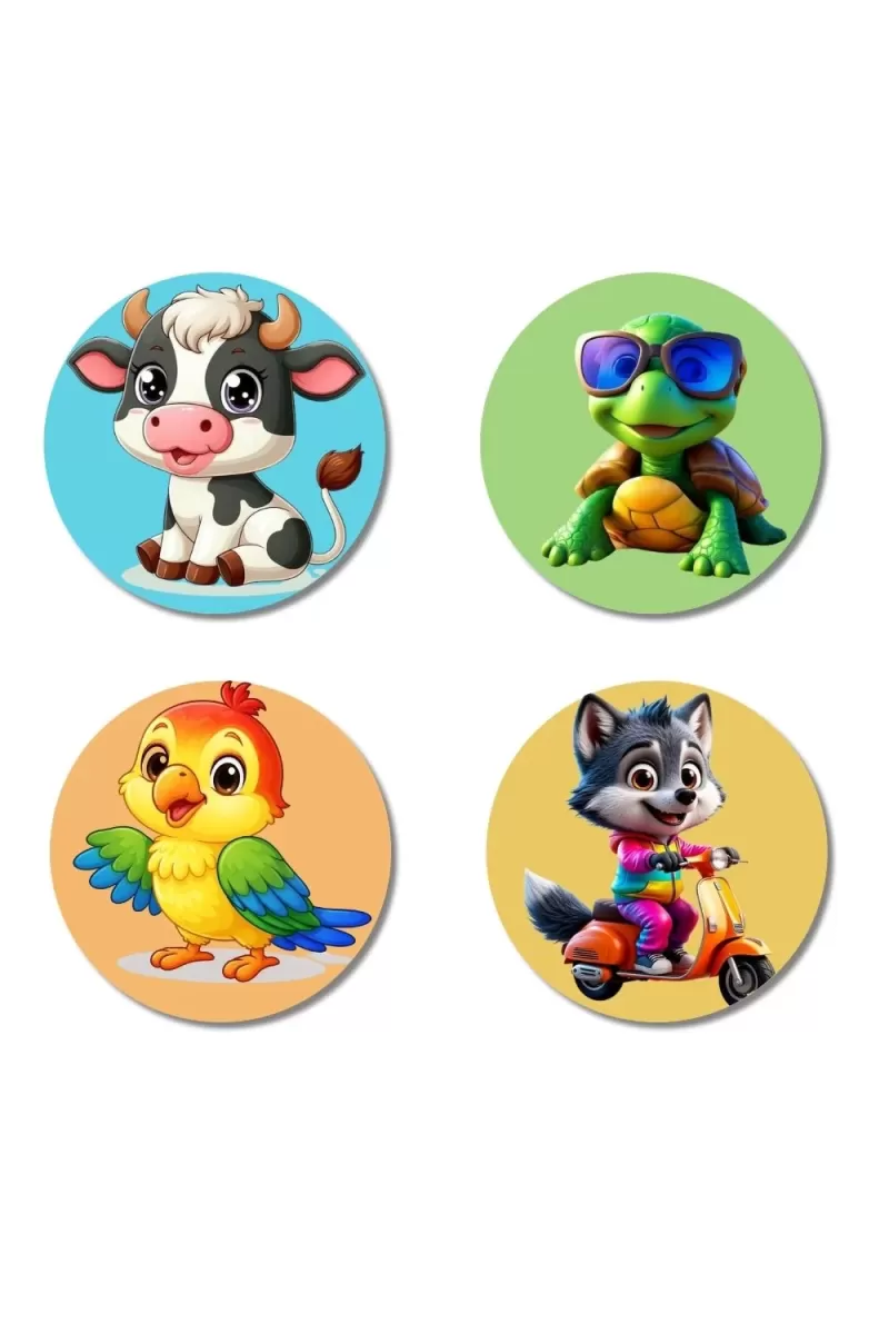 Cow, Turtle, Parrot, And Wolf. Fridge Magnets Ã¢â‚¬â€œ 4 Piece Set | 3 Inch Round Wall Fridge Decor (F22921)